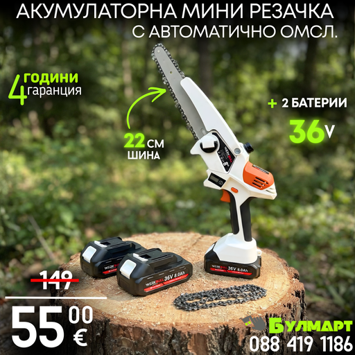 Немска Акумулаторна Безчеткова резачка за дърва WerkBull с две батерии + подарък верига и ръкавици