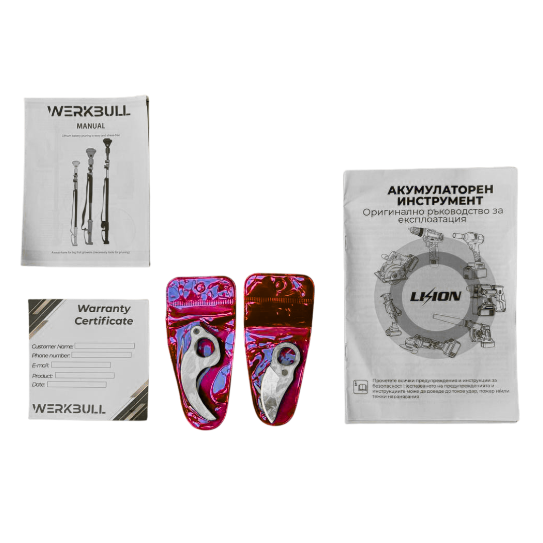 Професионална Немска Лозарска ножица WerkBull с дисплей + резервен нож и пила за точене
