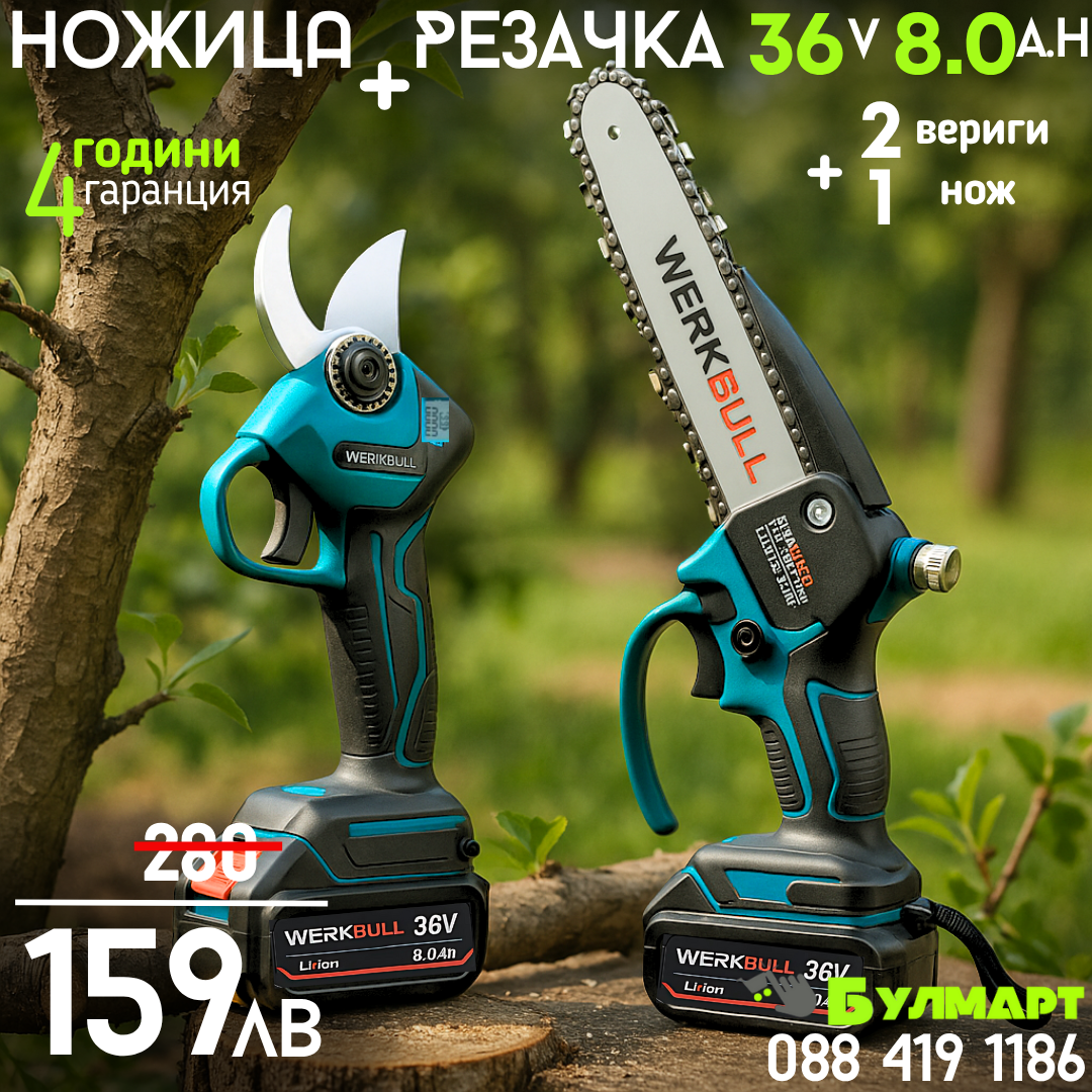Промо 2в1 комплект WerkBull Акумулаторна Лозарска ножица с дисплей и Мини Трион с автоматично омасляване
