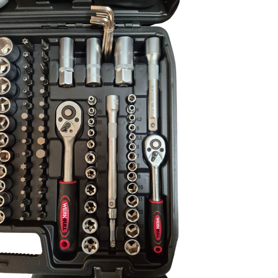 Комплект: Крик "Крокодил" 2 тона с куфар WerkBull + Професионално Гедоре с 216 части WerkBull