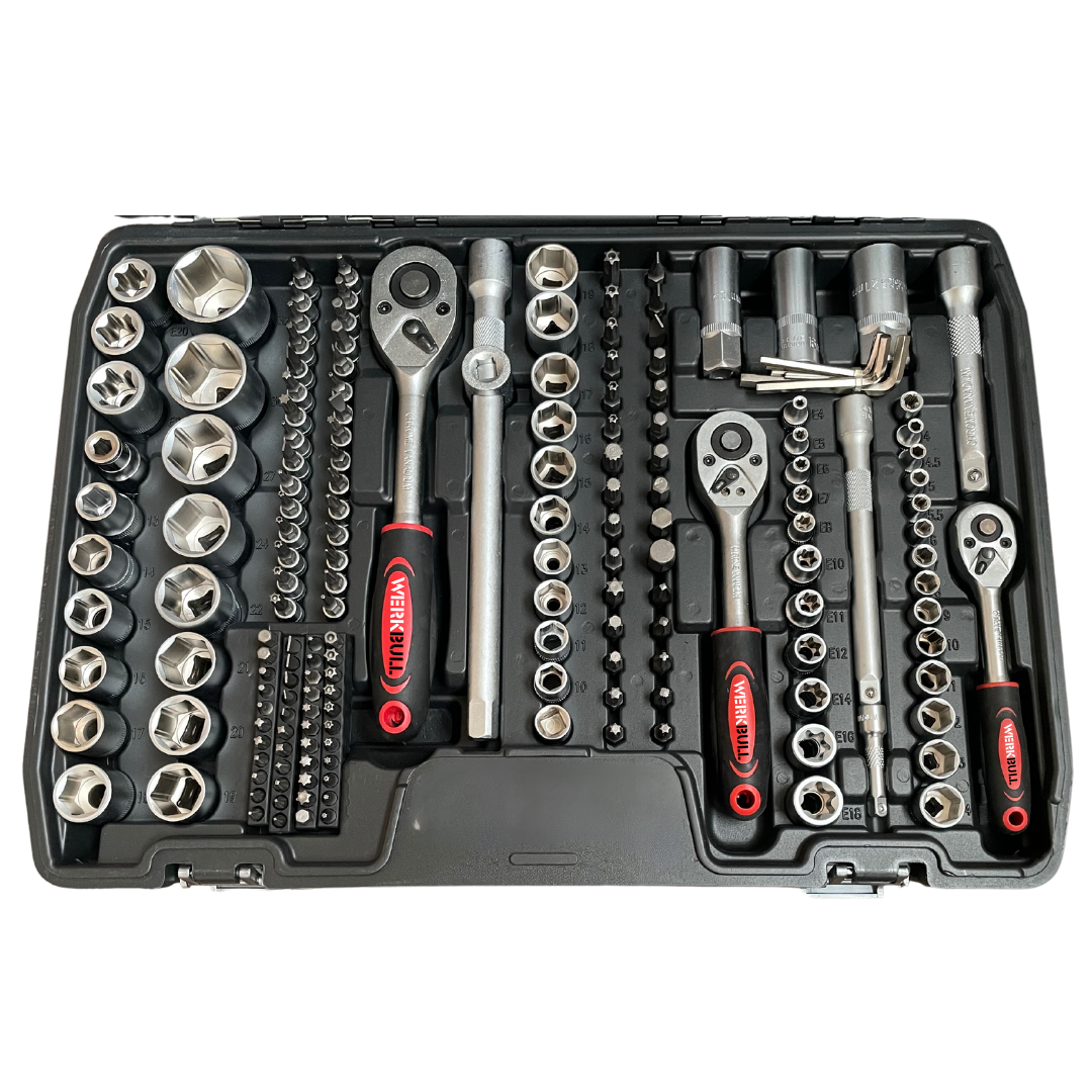 Комплект: Крик "Крокодил" 2 тона с куфар WerkBull + Професионално Гедоре с 216 части WerkBull