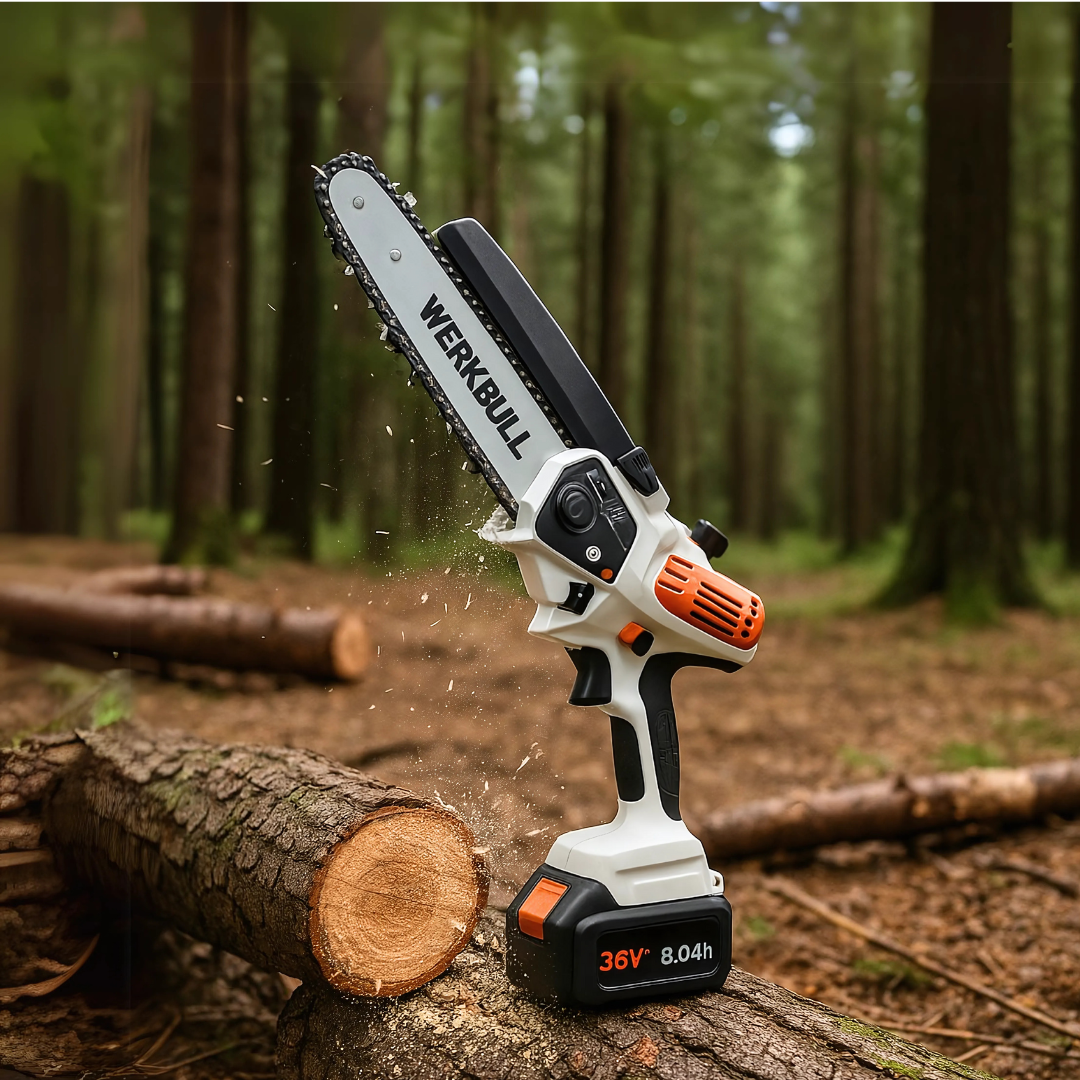 Немска Акумулаторна Безчеткова резачка за дърва WerkBull с две батерии + подарък верига и ръкавици