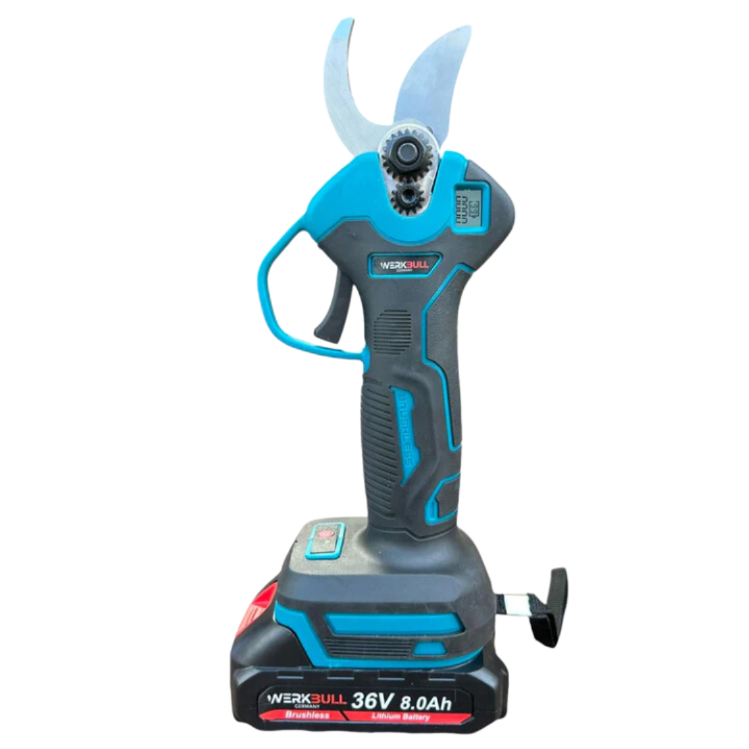 Немски Акумулаторен Тример WerkBull с 7 подаръка + Немска Безчеткова Ножица /36V 8Ah/ + четири батерии и 2 зарядни