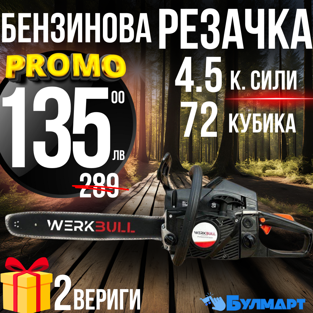 Немска Бензинова Резачка за Дърва WerkBull 72куб 4,5кс + две вериги и пила за точене