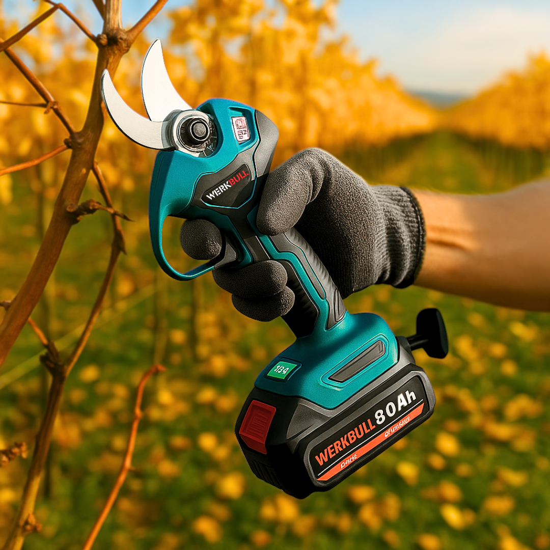 Професионална Немска Лозарска ножица WerkBull с дисплей + резервен нож и пила за точене