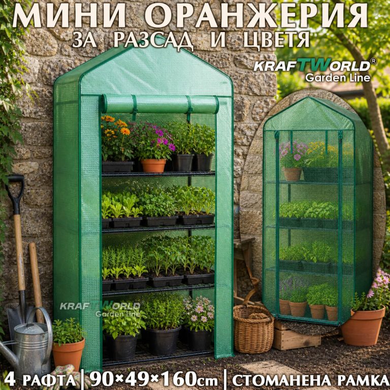 Мини парник-оранжерия за разсад с 4 рафта – 90×49×160 см, стоманена рамка