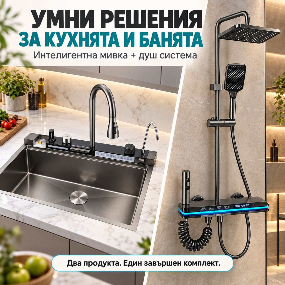 Комплект за кухнята и банята – интелигентна мивка и душ система