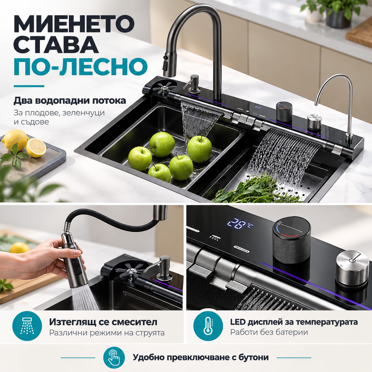 Водни режими, издърпващ се смесител и температурен дисплей на мивката