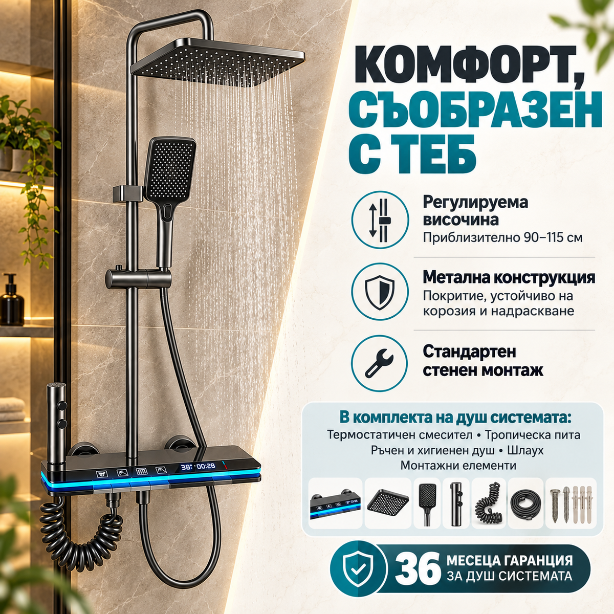Регулируема височина, монтаж и принадлежности на душ системата