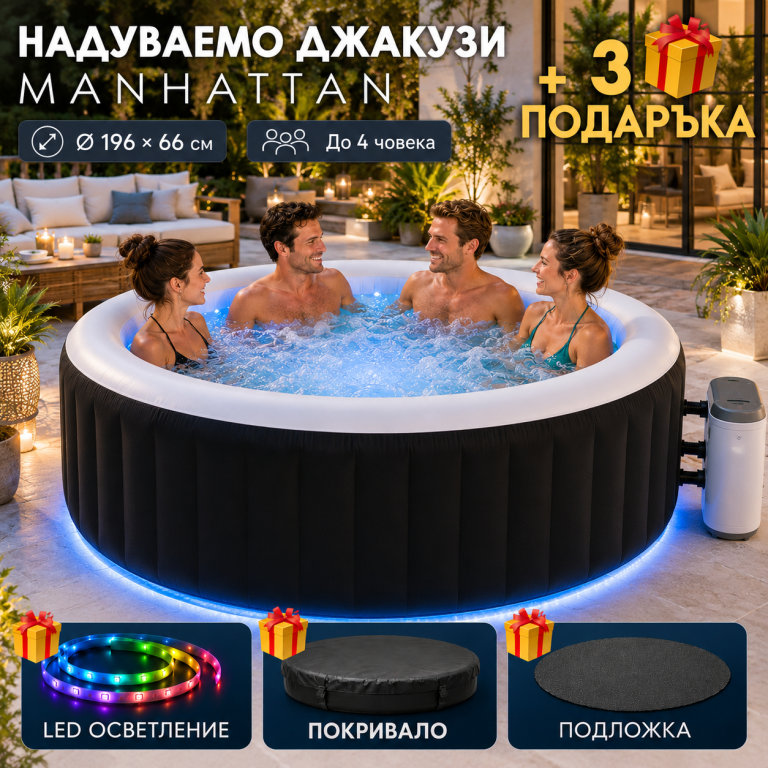 Надуваемо Джакузи Manhattan 196×66 см + 🎁 LED Осветление, Покривало и Подложка Подарък